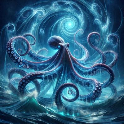 The primary subject of the image is a large, blue, and purple octopus. The octopus is surrounded by a blue and purple ocean, creating a vibrant and colorful scene. The visual style of the image is digital art, as it appears to be a painting or drawing created using digital tools. The colors and mood of the image are lively and energetic, with the blue and purple hues evoking a sense of tranquility and beauty.